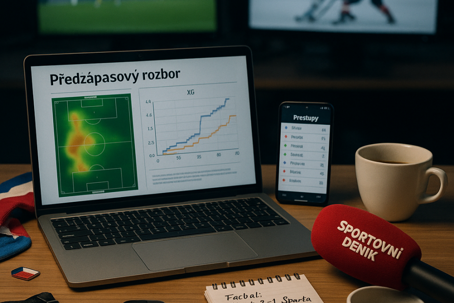 Newsroom desk for Sportovní Deník: laptop with Czech pre‑match analysis, phone with “Přestupy” transfers,