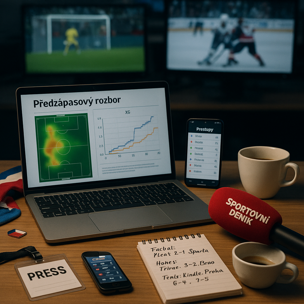 Newsroom desk for Sportovní Deník: laptop with Czech pre‑match analysis, phone with “Přestupy” transfers,