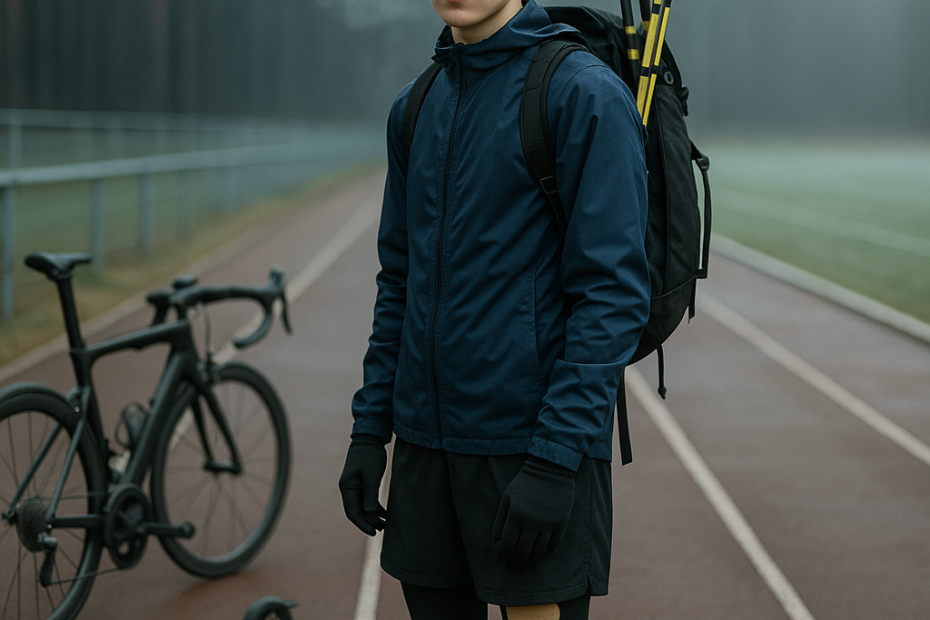 Editorial, photoreal portrait of a 15-year-old Czech athlete on a damp Dobříš running track