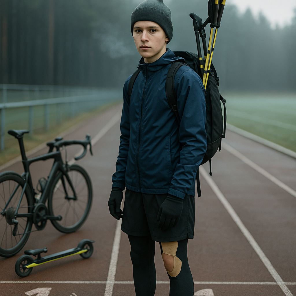 Editorial, photoreal portrait of a 15-year-old Czech athlete on a damp Dobříš running track